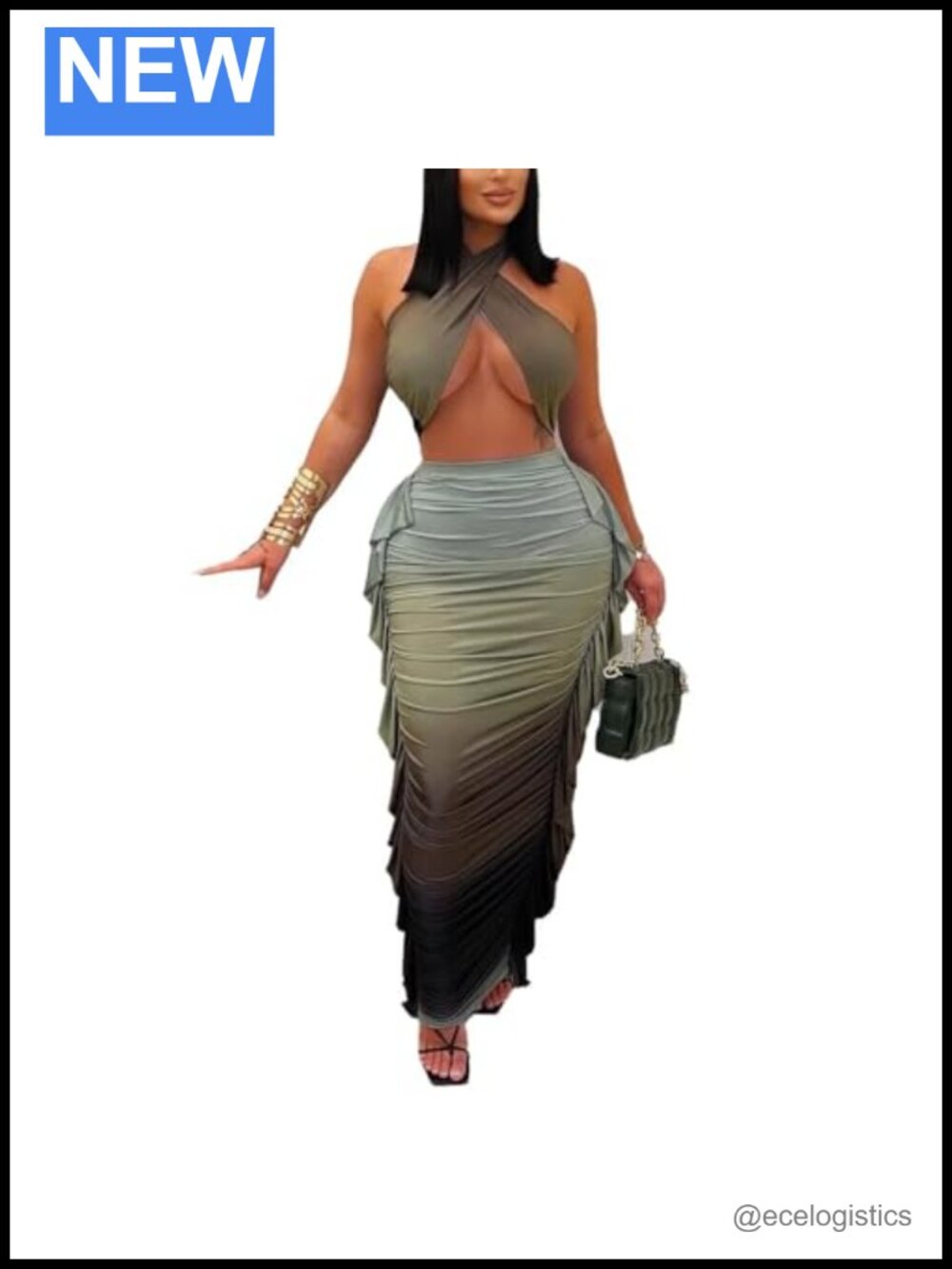 Halter Criss Cross Backless Crop Top Pleated Bodycon Maxi Skirt 2 Piece Set